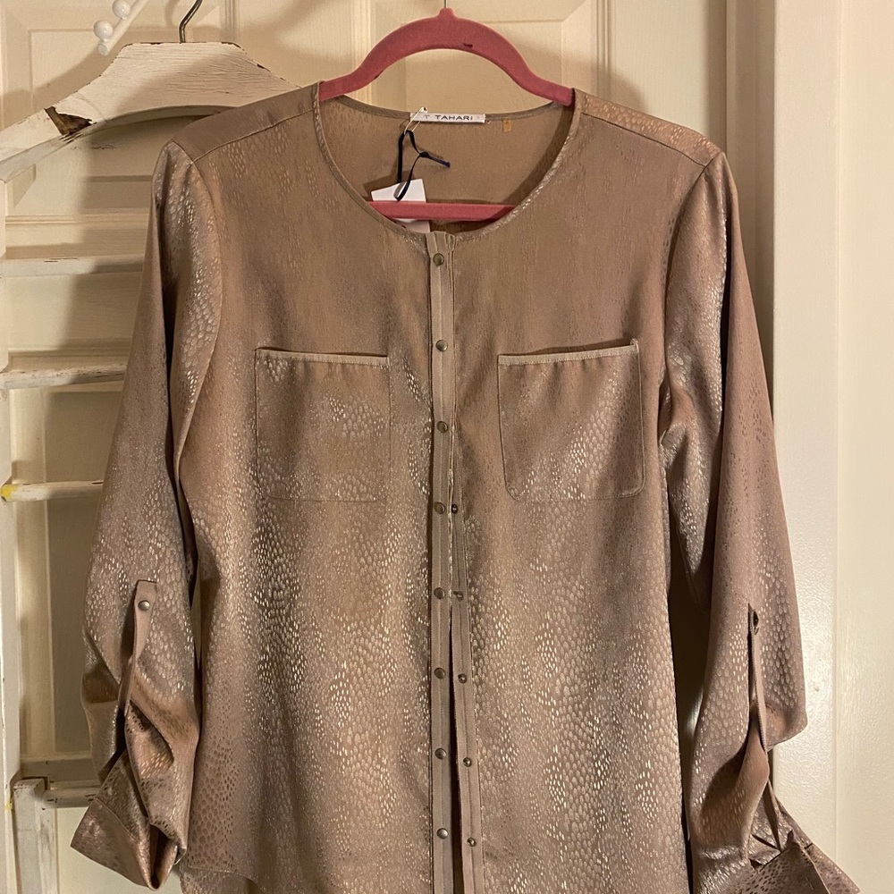 Tahari Chic Metallic Button-Up Blouse